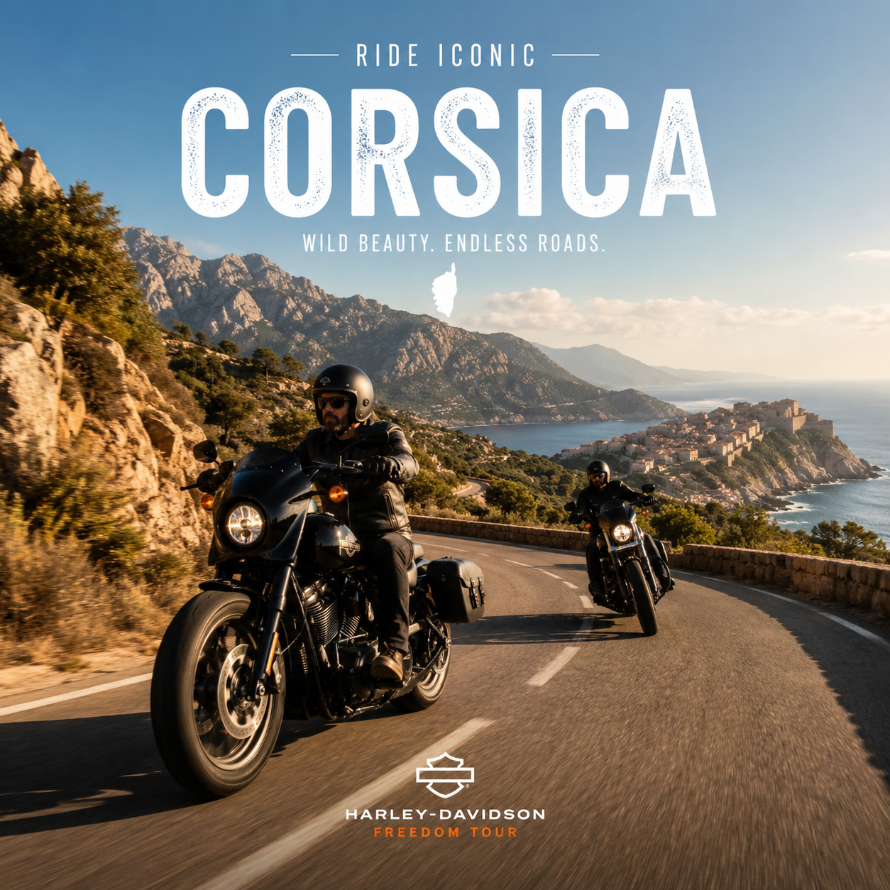 Harley-Davidson sur une route côtière en Corse - Road trip moto custom entre calanques de Piana et Bonifacio