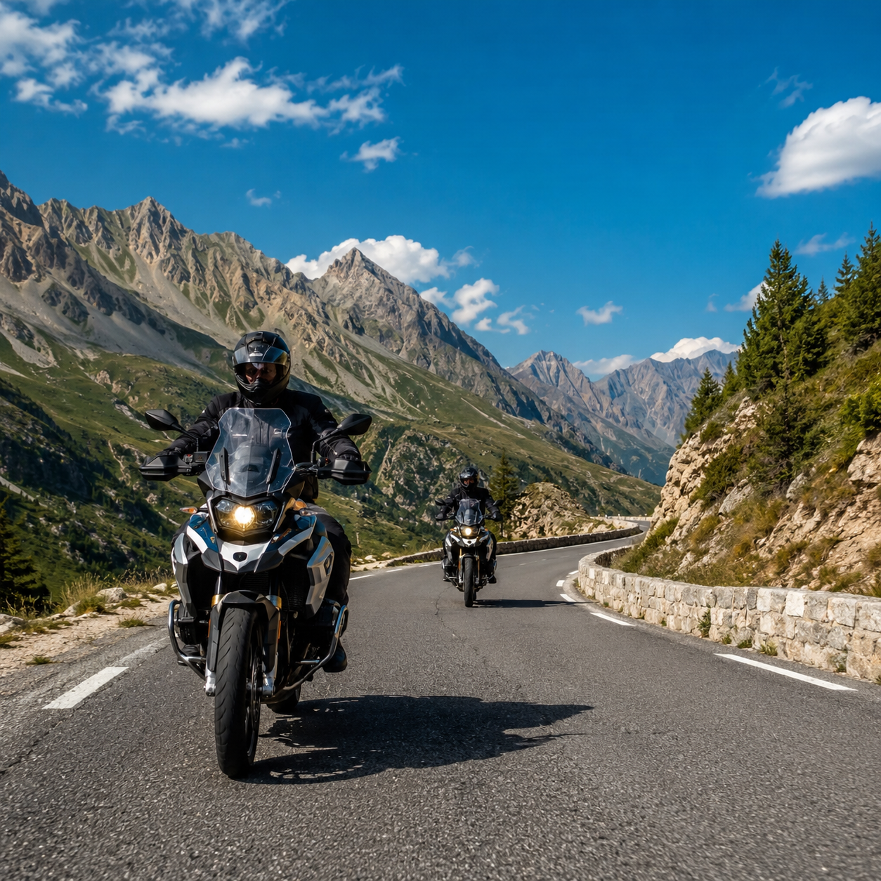 Route de montagne en lacets dans les Alpes françaises à moto
