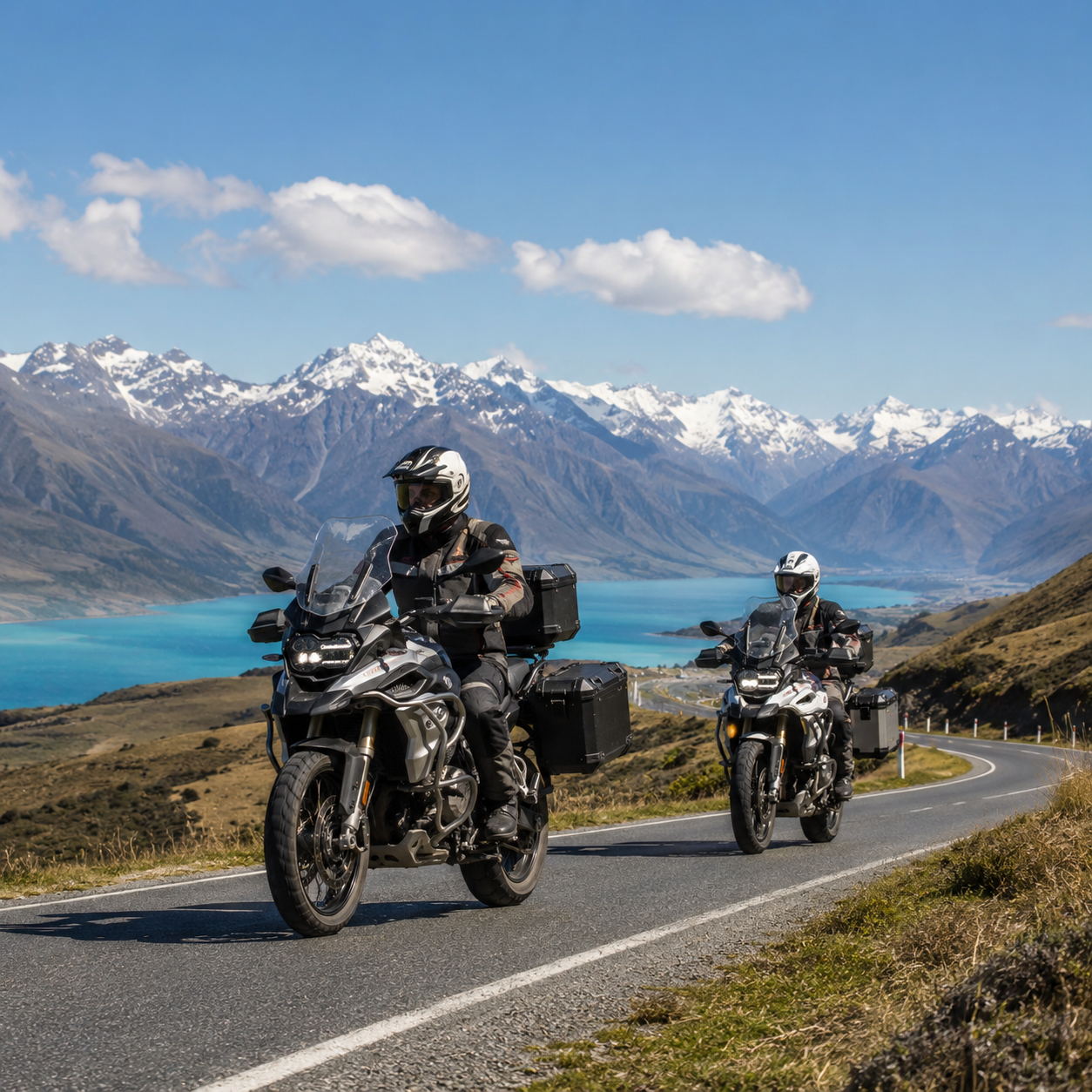 Road trip moto Nouvelle-Zélande : BMW GS 1250 sur les routes des Alpes du Sud, lac Tekapo, mont Cook et fjords