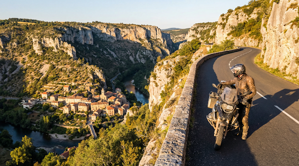 Route de campagne Aveyron - moto au loin