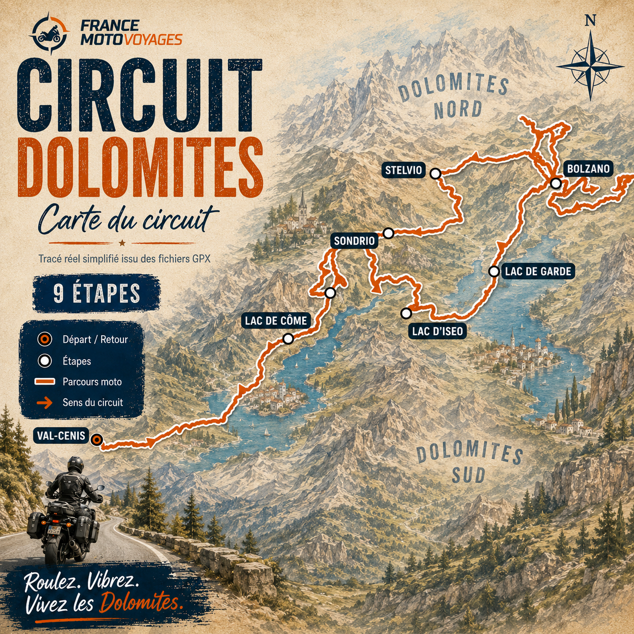 Carte graphique du circuit moto Dolomites avec Val-Cenis, Lac de Côme, Sondrio, Stelvio, Bolzano, Lac de Garde et Lac d’Iseo