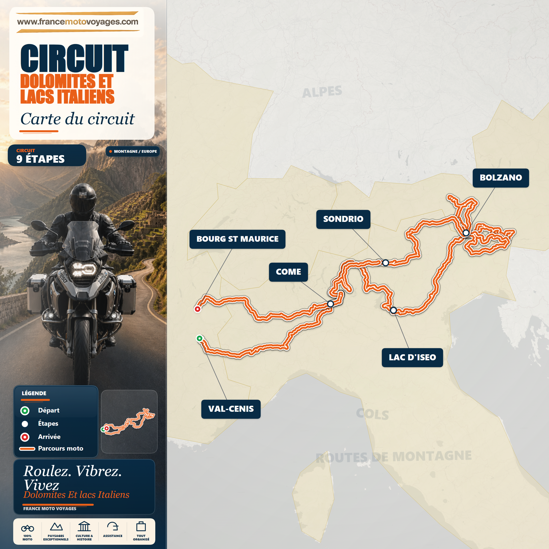 Carte détaillée du voyage moto dans les Dolomites et les lacs italiens, avec les principales étapes du circuit