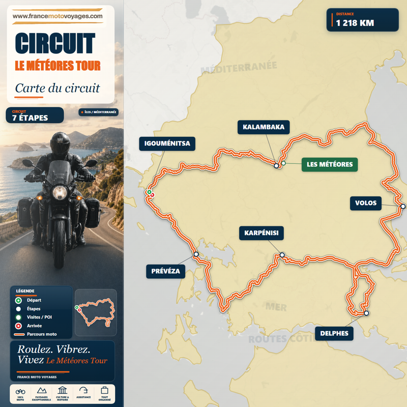 Carte du Météores Tour avec l’Italie, Igoumenitsa, Préveza, Karpenisi, Delphes, Volos, Mont Olympe, Kalambaka, Météores et Metsovo