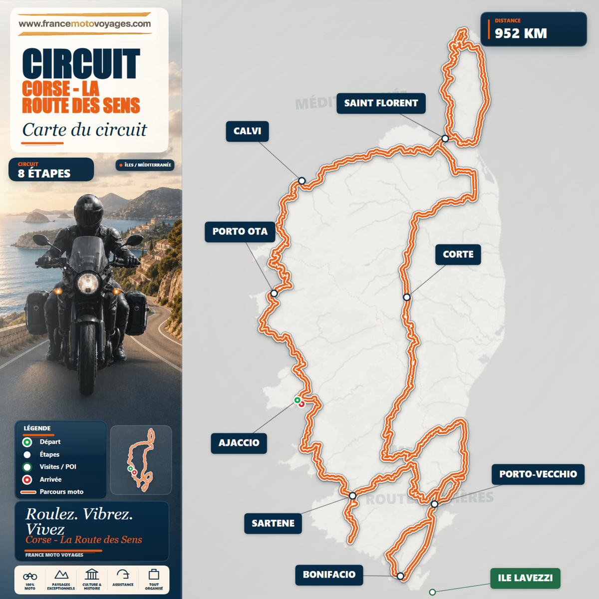 Carte de La Route des Sens en Corse avec Bastia, Cap Corse, Saint-Florent, Calvi, Porto, Piana, Bonifacio, Bavella et Corte
