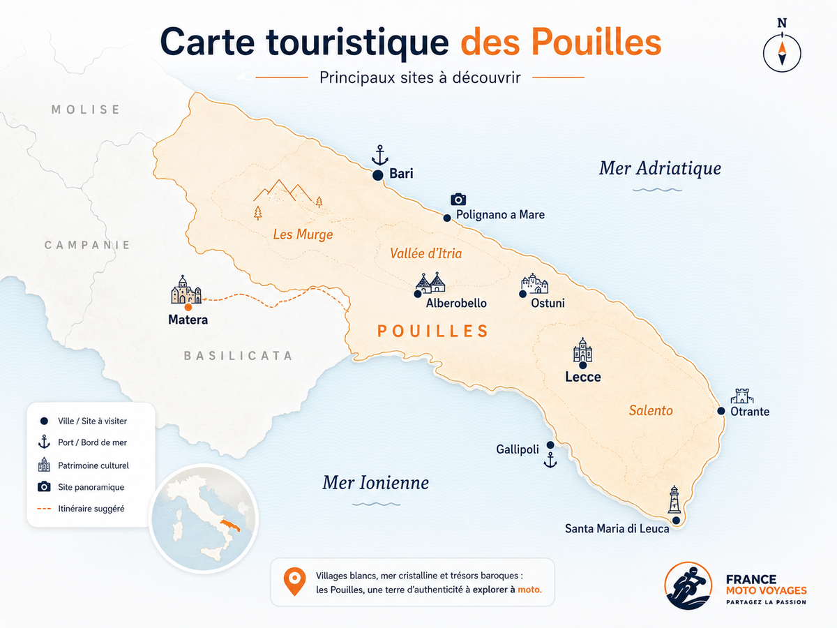 Carte touristique des Pouilles avec Bari, Polignano a Mare, Alberobello, Ostuni, Lecce, Otrante, Gallipoli, Santa Maria di Leuca et Matera