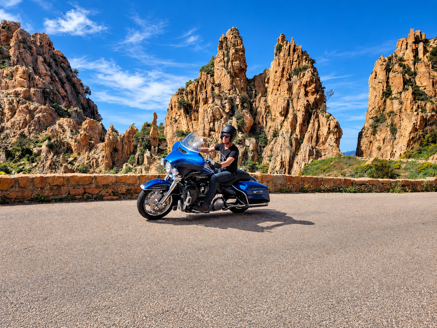 Tour de Corse à moto avec France Moto Voyages : route de montagne dominant la mer Méditerranée